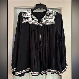 H&M Boho Embroidered Tunic Top Tie Front 2 Black Cream Red Geometric Aztec